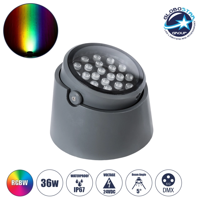 FLOOD-RANA 90751 Κινούμενος Προβολέας - Σποτ Φωτισμού Wall Washer για Φωτισμό Κτιρίων LED 36W 3060lm 5° DC 24V Αδιάβροχο IP67 Φ26 x Υ18cm RGBW DMX512 - Γκρι Ανθρακί - 3 Χρόνια Εγγύηση