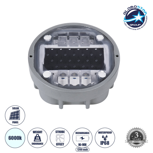 ROADER 60367 Professional LED Strobe Αυτόνομος Ηλιακός Χωνευτός Ανακλαστήρας Οδοστρώματος με Ενσωματωμένο Φωτοβολταϊκό Panel 2.5V 220mA & Επαναφορτιζόμενη Μπαταρία Ni-MH 1.2V 1200mAh - Αδιάβροχο IP68 - Ψυχρό Λευκό 6000K - Max Pass Load 20 Τόνοι - Φ12.5 x Υ7.7cm - 3 Years Warranty