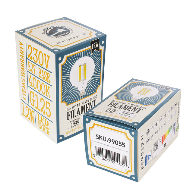 99055 Λάμπα LED Long Filament E27 G125 Γλόμπος 12W 1320lm 360° AC 220-240V IP20 Φ12.5 x Υ18cm Φυσικό Λευκό 4000K με Διάφανο Γυαλί - Dimmable - 3 Years Warranty - 6