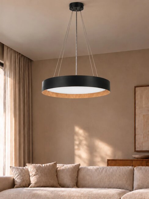 kelvo® RONDO KLV-101-0587 Κρεμαστό Φωτιστικό Οροφής LED 36W 3600lm 120° AC 220-240V IP20 Ρυθμιζόμενο Λευκό CCT με Διακόπτη στο Driver 2700K/4500K/6000K Triac Dimmable - Lumileds SMD Chip & ENEC/TÜV Driver - Μαύρο Ματ & Εφέ Ξύλου - Μ50 x Π50 x Υ7cm - 5 Χρόνια Εγγύηση - 2
