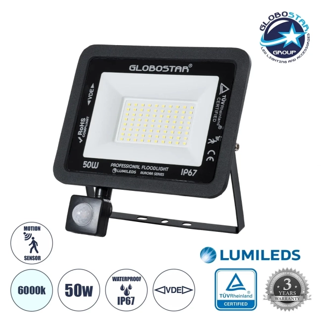  AURORA 61441 Προβολέας με Ανιχνευτή PIR / Αισθητήρα Κίνησης LED 50W 6250lm 120° AC 220-240V Αδιάβροχο IP67 Ψυχρό Λευκό 6000K - Lumileds SMD Chip - TÜV Rheinland Certified - Μαύρο Ματ - Μ21 x Π5 x Υ21cm - 3 Χρόνια Εγγύηση
