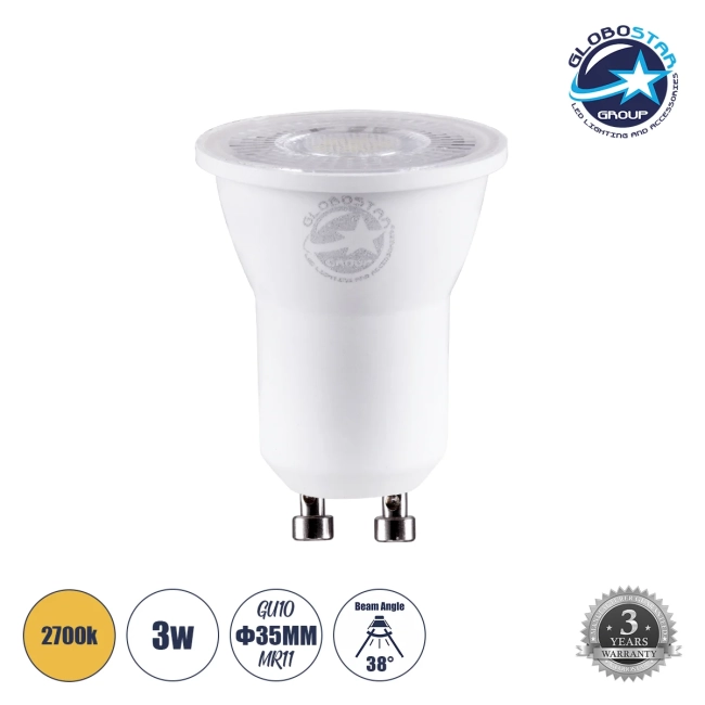  TINO 60113 Σποτ GU10 MR11 LED 3W 300lm 38° AC 220-240V IP20 Θερμό Λευκό 2700K - Bridgelux SMD Chip - Μ3.5 x Π3.5 x Υ4cm - 3 Χρόνια Εγγύηση