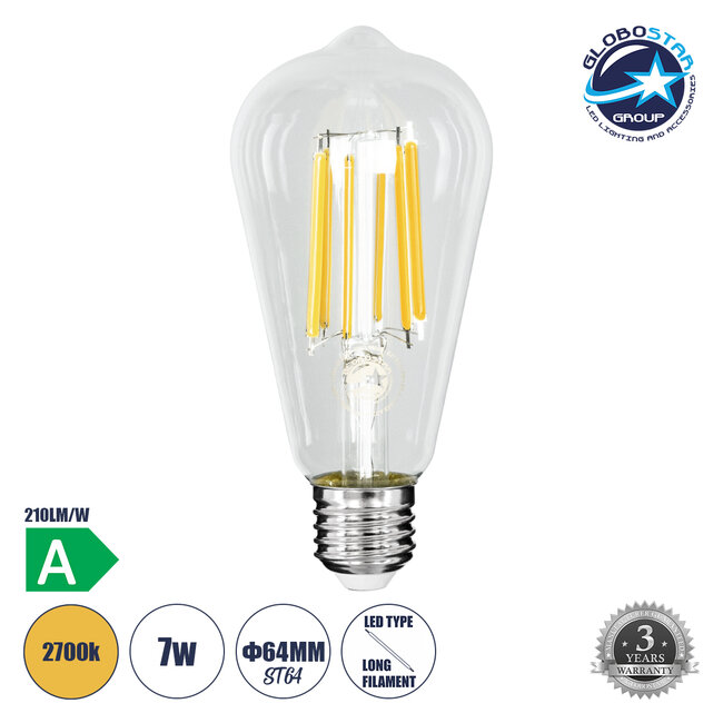 99090 Λάμπα LED Long Filament E27 ST64 Αχλάδι 7W 1470lm 360° AC 220-240V IP20 Φ6.4 x Υ14.5cm Θερμό Λευκό 2700K με Διάφανο Γυαλί - Pro Series 210lm/W - A Ενεργειακή Κλάση - 3 Χρόνια Εγγύηση