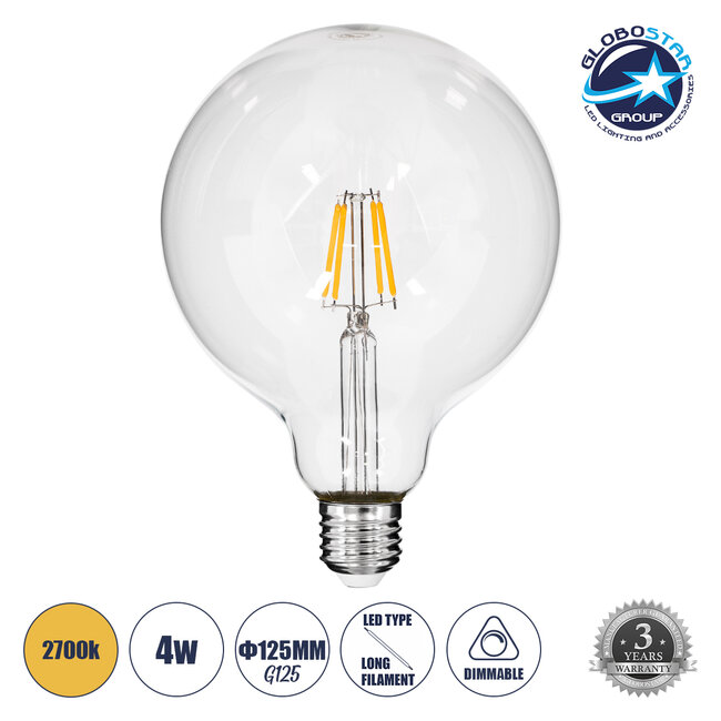 99012 Λάμπα LED Long Filament E27 G125 Γλόμπος 4W 400lm 360° AC 220-240V IP20 Φ12.5 x Υ18cm Θερμό Λευκό 2700K με Διάφανο Γυαλί - Dimmable - 3 Years Warranty