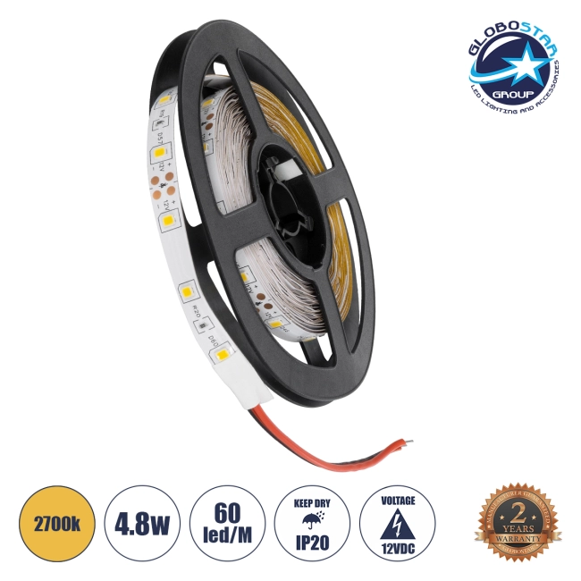 AVILA 90592 Ταινία LED 4.8W/m 260lm/m 120° DC 12V IP20 60 x SMD3528 Chip/m Θερμό Λευκό 2700K Dimmable - Sanan SMD Chip - Μ500 x Π0.7 x Υ0.2cm - Ρολό 5 Μέτρων - 2 Χρόνια Εγγύηση