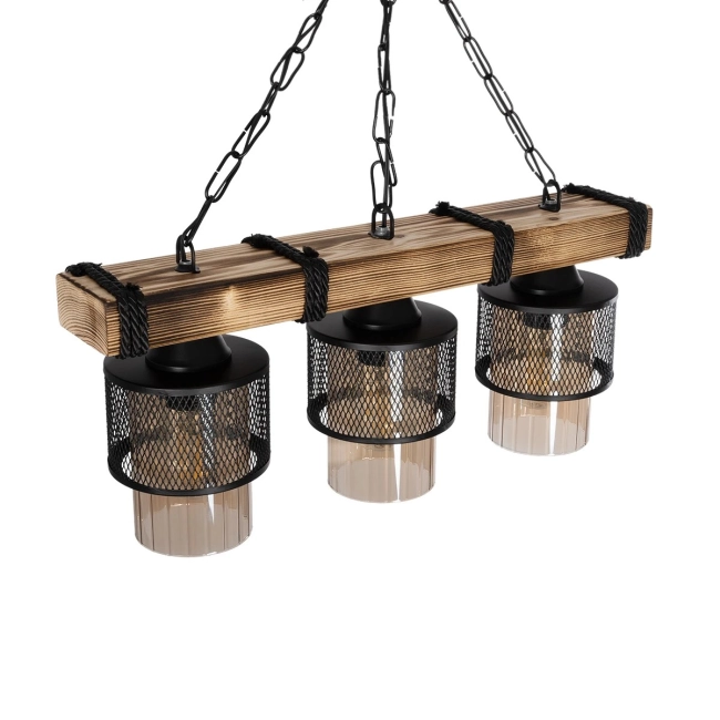 GLORA 201-0009 Vintage Κρεμαστό Φωτιστικό Ράγα Τρίφωτο 3 x E27 IP20 Μπεζ Ξύλο με Μαύρο Μέταλλο & Μελί Γυαλί - Μ50 x Π16 x Υ65cm - 6
