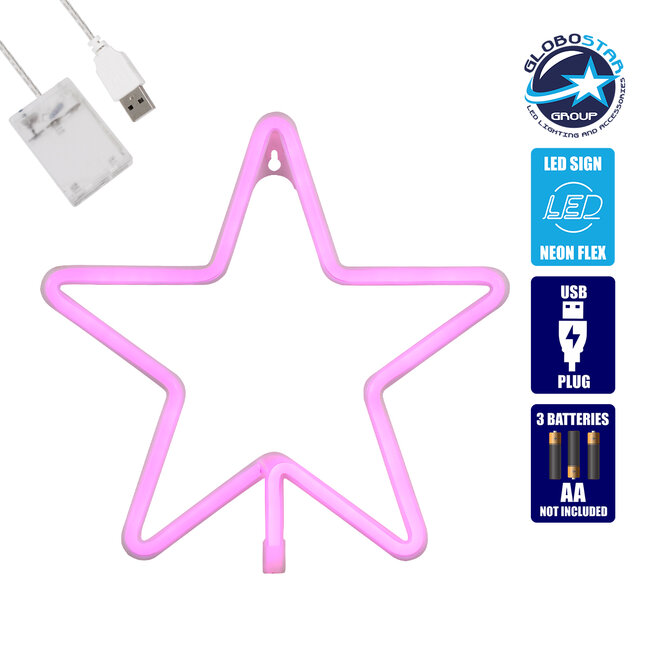 78586 Φωτιστικό Ταμπέλα Φωτεινή Επιγραφή NEON LED Σήμανσης STAR 5W με Καλώδιο Τροφοδοσίας USB - Μπαταρίας 3xAAA (Δεν Περιλαμβάνονται) - Ροζ