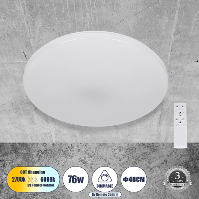 AVA 61017 Μοντέρνο Φωτιστικό Οροφής LED 76W 7600lm 120° AC 220-240V IP20 Ρυθμιζόμενο Λευκό CCT με Χειριστήριο από 2700K έως 6000K Dimmable - Lumileds SMD Chip - Λευκό Ματ - Μ48 x Π48 x Υ6.5cm - 3 Χρόνια Εγγύηση