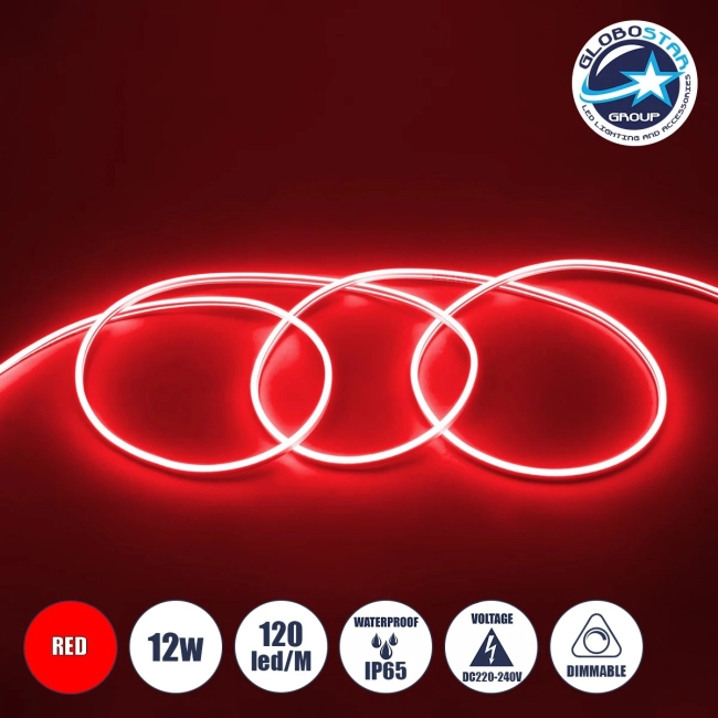 70573 OVALE 120° Degree Neon Flex Epistar LED SMD 2835 1m 12W/m 120LED/m 1212lm/m 120° DC 230V Αδιάβροχη IP68 Κόκκινο Dimmable
