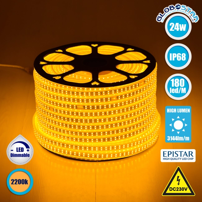 70513 Wide Ταινία Διπλής Σειράς Epistar LED SMD 2835 1m 24W/m 180LED/m 3144lm/m 120° DC 230V Αδιάβροχη IP68 Ultra Θερμό Λευκό 2200K Dimmable