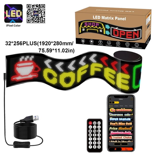 MATRIX GLB-106-0013 Εύκαμπτη Κυλιόμενη Ψηφιακή Επιγραφή 192x28cm P7 256x32 Pixel LED 40W AC 220-240V Αδιάβροχο IP65 Πολύχρωμο RGB - Bluetooth Control μέσω iPIXEL APP - Μ192 x Π0.4 x Υ28cm - 2 Χρόνια Εγγύηση