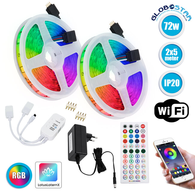 85813 Σετ Ταινία LED 2 x 5m 72W/10m 60LED/m 5050 SMD 600lm/m 120° IP20 με Ενσωματωμένα Προγράμματα Λειτουργίας - WiFi - Ασύρματο Χειριστήριο RF 2.4Ghz και Τροφοδοτικό RGB Dimmable