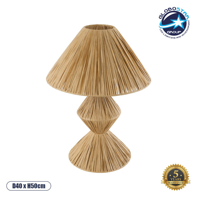 LUANA 02107 Boho Επιτραπέζιο Φωτιστικό Μονόφωτο 1 x E27 AC220-240V IP20 - Φ40 x Υ50cm - Μπεζ Ξύλινο Ρατάν Πλέγμα - 5 Χρόνια Εγγύηση