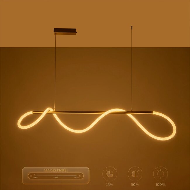 kelvo® GLOW 61662 Μοντέρνο Κρεμαστό Φωτιστικό Οροφής LED 34W 3400lm 360° AC 220-240V IP20 Ρυθμιζόμενο Λευκό CCT με Χειριστήριο από 2700K έως 6000K Dimmable - Lumileds SMD Chip - Χρυσό Πλατίνα & Λευκό Νήμα - Μ120 x Π35 x Υ50cm - 3 Χρόνια Εγγύηση - 15