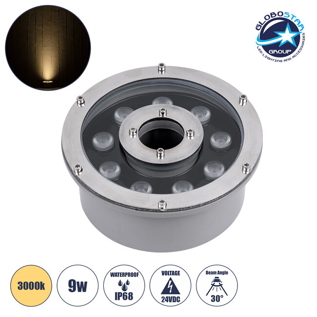 UNDERWATER-FINA 90674 Υποβρύχιος Προβολέας Σποτ για Σιντριβάνια/Πισίνες LED 9W 990lm 30° DC 24V Αδιάβροχο IP68 Θερμό Λευκό 2700K Dimmable - Ανοξείδωτο Ατσάλι 304 - Φ16 x Υ8cm - 3 Χρόνια Εγγύηση