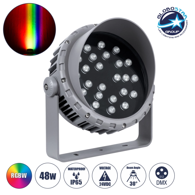 FLOODMENA 90649 Προβολέας Σποτ Wall Washer με Αντιθαμβωτική Γρίλια LED 48W 3840lm 30° DC 24V Αδιάβροχο IP65 Πολύχρωμο RGBW Dimmable DMX512 - Bridgelux SMD Chip - Γκρι Ανθρακί - Μ25 x Π25 x Υ18cm - 3 Χρόνια Εγγύηση