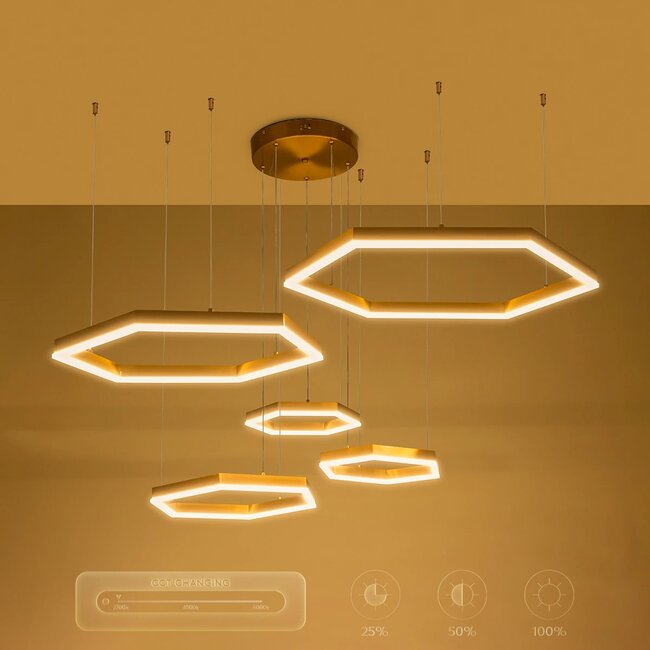kelvo® LEXAGON KLV-101-0180 Κρεμαστό Φωτιστικό Οροφής LED 120W 12000lm 200° AC 220-240V IP20 Ρυθμιζόμενο Λευκό CCT με Χειριστήριο από 2700K έως 6000K Dimmable - Lumileds SMD Chip - Χρυσό Πλατίνα - Μ110 x Π90 x Υ110cm - 3 Χρόνια Εγγύηση - 11