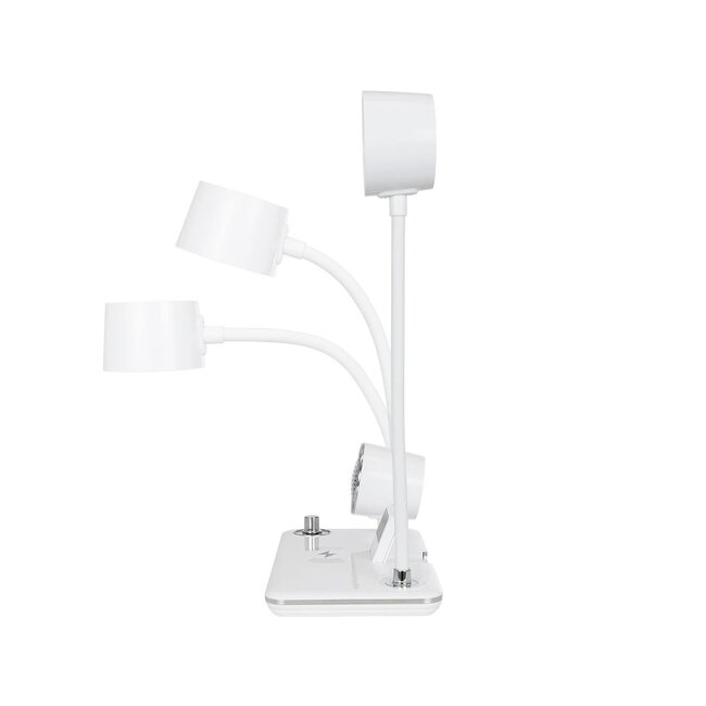 OLDY 76557 Μοντέρνο Επιτραπέζιο Φωτιστικό Γραφείου με Ασύρματη Φόρτιση 15W 3A, 5W Bluetooth Ηχείο & Ψηφιακό Ρολόι LED 3W 300lm 120° DC 5V με USB-C IP20 Ρυθμιζόμενο Λευκό CCT με Αφή 2700K/4500K/6000K Dimmable - Sanan SMD Chip - Λευκό - Μ13 x Π25 x Υ38cm - 2 Χρόνια Εγγύηση