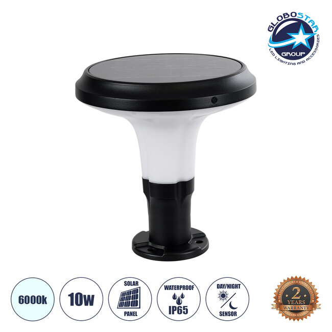 WHISPER 90535 Αυτόνομο Ηλιακό Φωτιστικό Κήπου - Κολωνάκι Αρχιτεκτονικού Φωτισμού Εξωτερικού Χώρου LED 10W 330lm 120° με Ενσωματωμένο Φωτοβολταϊκό Panel 6V 2W & Επαναφορτιζόμενη Μπαταρία Li-ion 3.2V 1800mAh με Αισθητήρα Ημέρας-Νύχτας - Αδιάβροχο IP65 - Σώμα Αλουμινίου & ABS