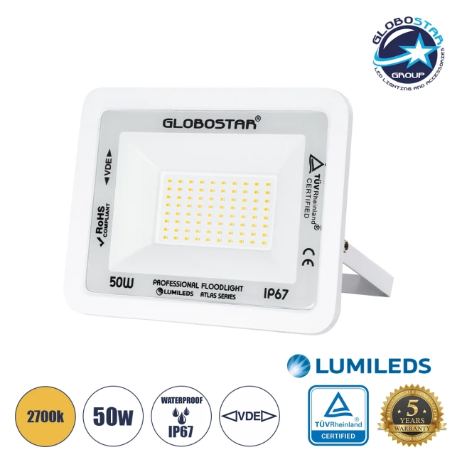  ATLAS 61421 Προβολέας LED 50W 5750lm 120° AC 220-240V Αδιάβροχο IP67 Θερμό Λευκό 2700K - Lumileds SMD Chip - TÜV Rheinland Certified - Λευκό Ματ - Μ21 x Π3.5 x Υ16cm - 5 Χρόνια Εγγύηση