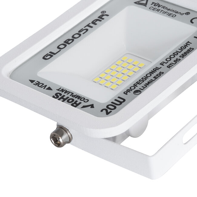 ATLAS 61407 Επαγγελματικός Προβολέας LED 20W 2500lm 120° AC 220-240V - Αδιάβροχος IP67 - Μ12 x Π2.5 x Υ9.5cm - Λευκό - Ψυχρό Λευκό 6000K - LUMILEDS Chips - TÜV Rheinland Certified - 6