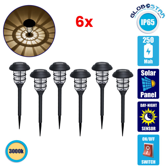 85704 ΣΕΤ 6 Τεμαχίων Αυτόνομα Ηλιακά Φωτιστικά LED SMD 1W 100lm με Ενσωματωμένη Μπαταρία 250mAh - Φωτοβολταϊκό Πάνελ με Αισθητήρα Ημέρας-Νύχτας Αδιάβροχο IP65 Φανάρι Κήπου Στρογγυλό Θερμό Λευκό 3000K