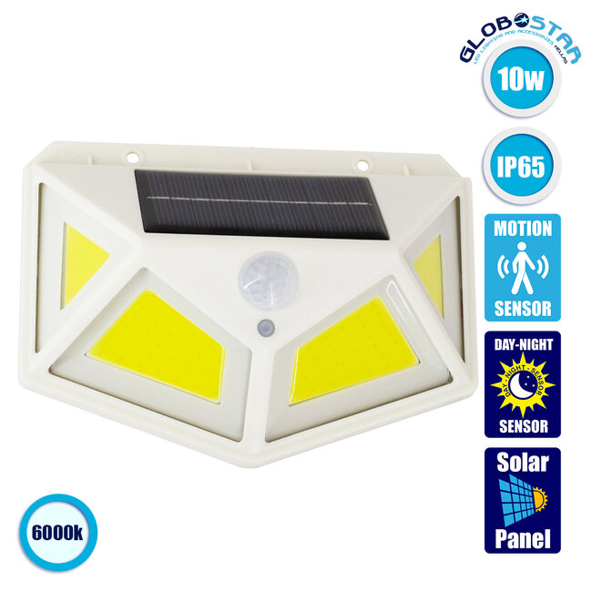 71497 Αυτόνομο Ηλιακό Φωτιστικό LED COB 10W 1000lm με Ενσωματωμένη Μπαταρία 1200mAh - Φωτοβολταϊκό Πάνελ με Αισθητήρα Ημέρας-Νύχτας και PIR Αισθητήρα Κίνησης IP65 Ψυχρό Λευκό 6000K