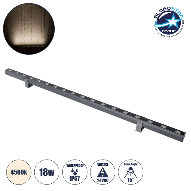 WASHERPANDA 90580 Μπάρα Φωτισμού Wall Washer LED 18W 2070lm 15° DC 24V Αδιάβροχο IP67 Φυσικό Λευκό 4500K Dimmable - Bridgelux SMD Chip - Γκρι Ανθρακί - Μ100 x Π4 x Υ3.5cm - 3 Χρόνια Εγγύηση