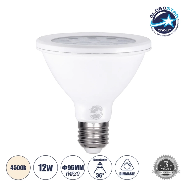  SPOTPAR 60085 Σποτ E27 PAR30 LED 12W 1164lm 36° AC 220-240V IP20 Φυσικό Λευκό 4500K - Μ9.5 x Π9.5 x Υ9.5cm - 3 Χρόνια Εγγύηση