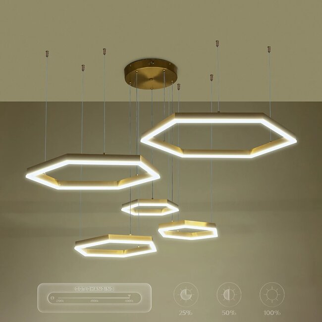 kelvo® LEXAGON KLV-101-0180 Κρεμαστό Φωτιστικό Οροφής LED 120W 12000lm 200° AC 220-240V IP20 Ρυθμιζόμενο Λευκό CCT με Χειριστήριο από 2700K έως 6000K Dimmable - Lumileds SMD Chip - Χρυσό Πλατίνα - Μ110 x Π90 x Υ110cm - 3 Χρόνια Εγγύηση - 13