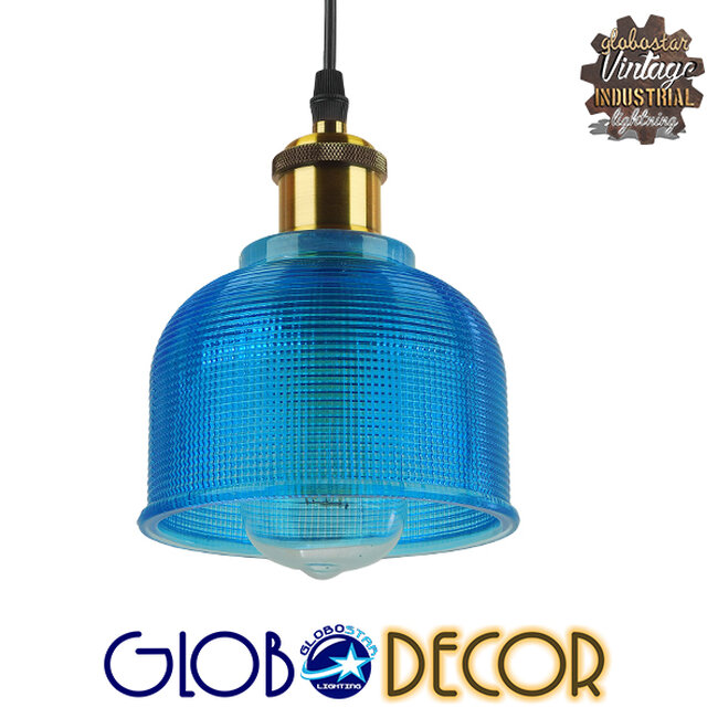 Vintage Κρεμαστό Φωτιστικό Οροφής Μονόφωτο Μπλε Γυάλινο Διάφανο Καμπάνα με Χρυσό Ντουί Φ14  SEGRETO BLUE 01452 - 1