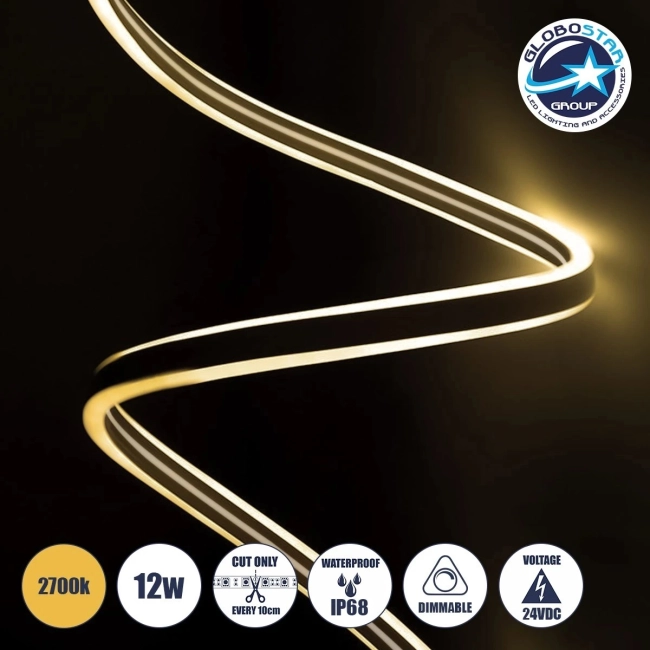 70482 DOUBLE-SIDED 120°+120° Degree Neon Flex Epistar LED SMD 2835 1m 12W/m 120LED/m 1248lm/m 120°+120° DC 24V Αδιάβροχη IP68 Θερμό Λευκό 3000K Dimmable