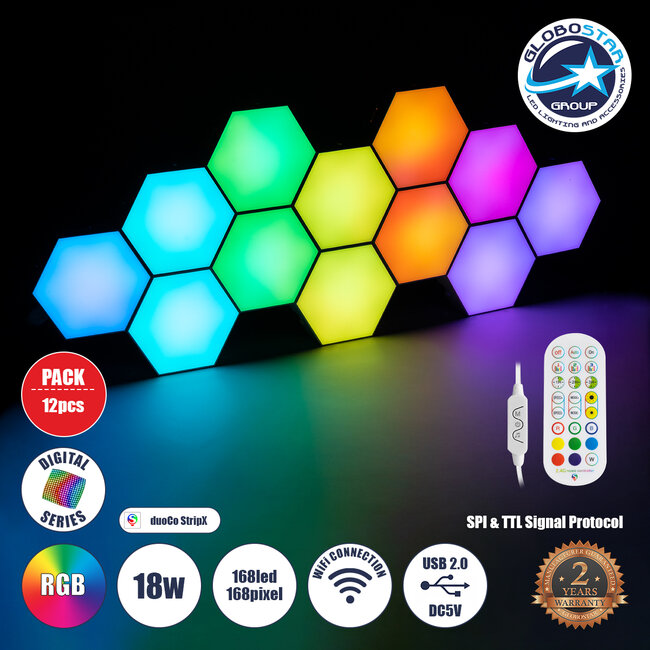 DIGIOCTA 90449 Σετ 12 Ψηφιακων LED RGB Φωτιστικών Κυψελών με Ψηφιακό Controller με WiFi Smart APP & Ασύρματο Χειριστήριο RF 2.4Ghz - LED SMD 5050 18W/Σετ 168PIXEL/Σετ 1440lm/Σετ 120° DC 5V με USB 2.0 IP20 Πολύχρωμο RGB - Dimmable - Μ10.5 x Π10.5 x Υ3cm Ανά Κυψέλη - 2 Χρόνια Εγγύηση