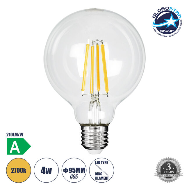99084 Λάμπα LED Long Filament E27 G95 Γλόμπος 4W 840lm 360° AC 220-240V IP20 Φ9.5 x Υ13.8cm Θερμό Λευκό 2700K με Διάφανο Γυαλί - Pro Series 210lm/W - A Ενεργειακή Κλάση - 3 Χρόνια Εγγύηση