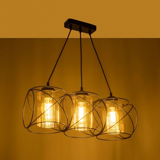 GLINDER 201-0141 Vintage Κρεμαστό Φωτιστικό Οροφής με Ντουί 3 x E27 AC 220-240V IP20 - Μαύρο & Μελί - Μ53 x Π25 x Υ23cm - 2