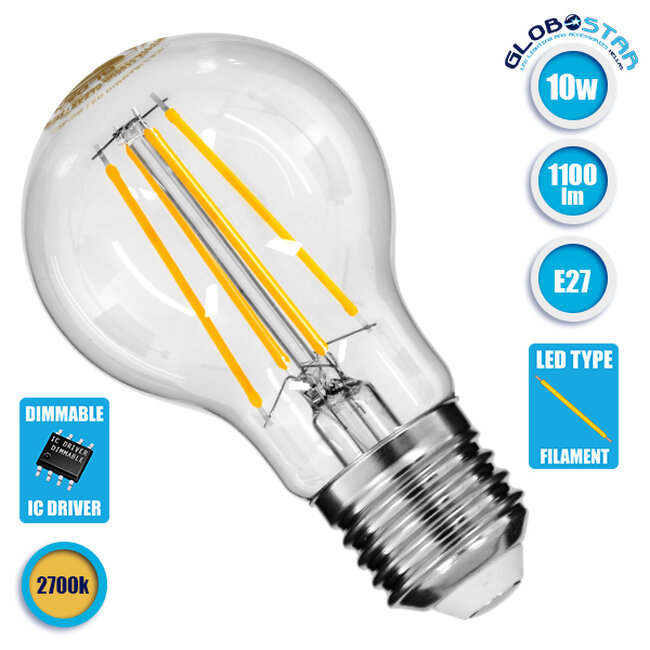 Λάμπα E27 A60 Γλόμπος LED FILAMENT 10W 1100 lm 320° AC 85-265V Edison Retro με Διάφανο Γυαλί Θερμό Λευκό 2700 K  99008