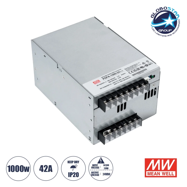 MEANWELL-PSPA1000-24 90792 Τροφοδοτικό/Μετασχηματιστής Class I PELV 1000W 42A AC 220-240V σε DC 24V IP20 - Ρυθμιζόμενo από DC 22V έως DC 28V - Ασημί - Μ17 x Π12 x Υ9.3cm - 3 Χρόνια Εγγύηση MEANWELL-PSPA1000-24 90792 Τροφοδοτικό/Μετασχηματιστής Class I PELV 1000W 42A AC 220-240V σε DC 24V IP20 - Ρυθμιζόμενo από DC 22V έως DC 28V - Ασημί - Μ17 x Π12 x Υ9.3cm - 3 Χρόνια Εγγύηση