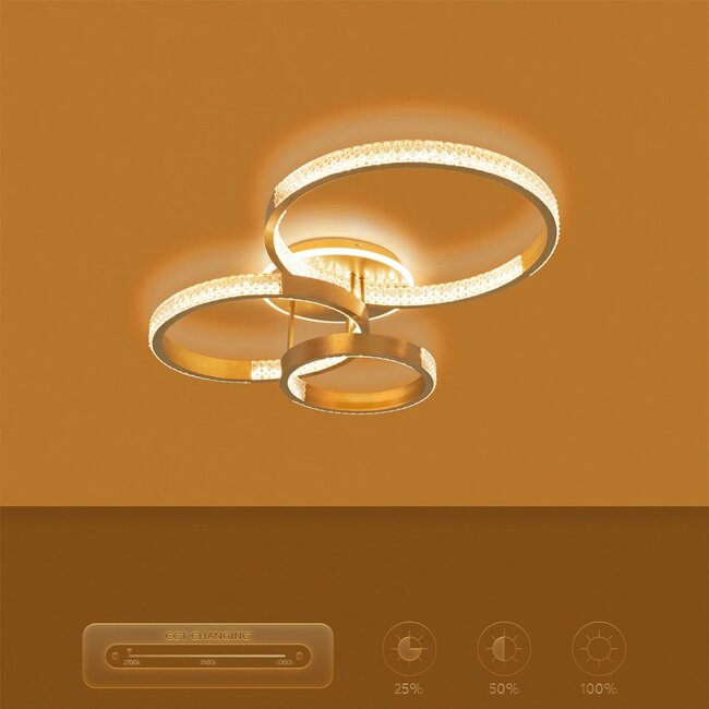 kelvo® DIAMOND KLV-101-0228 Φωτιστικό Οροφής LED 100W 10000lm 360° AC 220-240V IP20 Ρυθμιζόμενο Λευκό CCT με Χειριστήριο από 2700K έως 6000K Dimmable - Lumileds SMD Chip - Χρυσό Πλατίνα - Μ80 x Π50 x Υ20cm - 3 Χρόνια Εγγύηση - 10