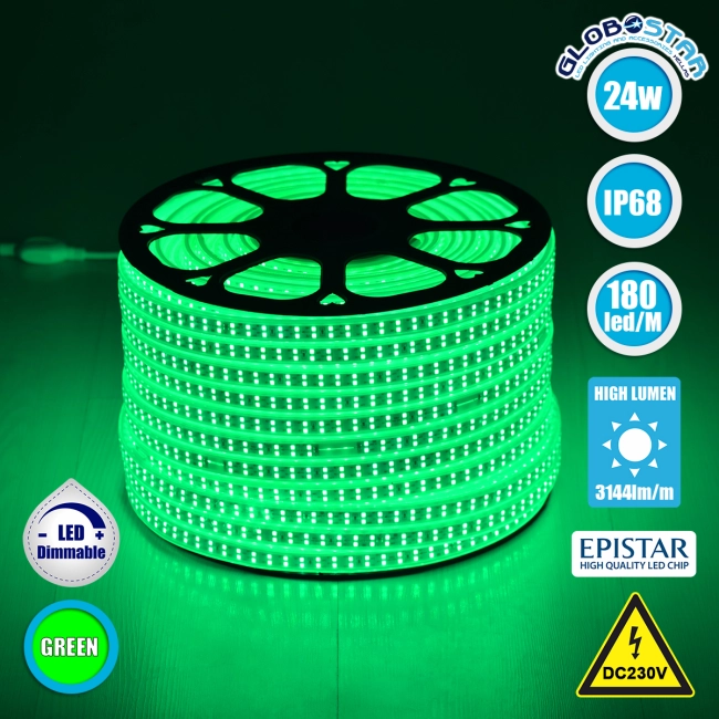 70515 Wide Ταινία Διπλής Σειράς Epistar LED SMD 2835 1m 24W/m 180LED/m 3144lm/m 120° DC 230V Αδιάβροχη IP68 Πράσινο Dimmable