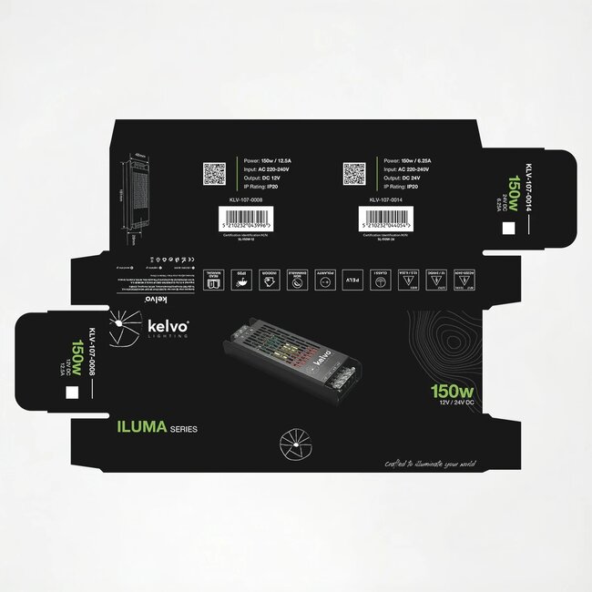 kelvo® ILUMA KLV-107-0014 Slim Τροφοδοτικό/Μετασχηματιστής Class I PELV 150W 6.25A AC 220-240V σε DC 24V IP20 - Γκρι Ανθρακί Ματ - Μ18.1 x Π4.8 x Υ2.8cm - 5 Χρόνια Εγγύηση - 6