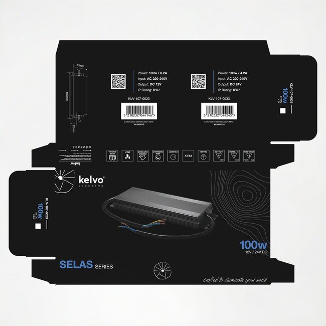 kelvo® SELAS KLV-107-0033 Τροφοδοτικό/Μετασχηματιστής Class I PELV 100W 4.2A AC 220-240V σε DC 24V Αδιάβροχο IP67 - Γκρι Ανθρακί Ματ - Μ18.9 x Π6.5 x Υ2.2cm - 5 Χρόνια Εγγύηση - 7