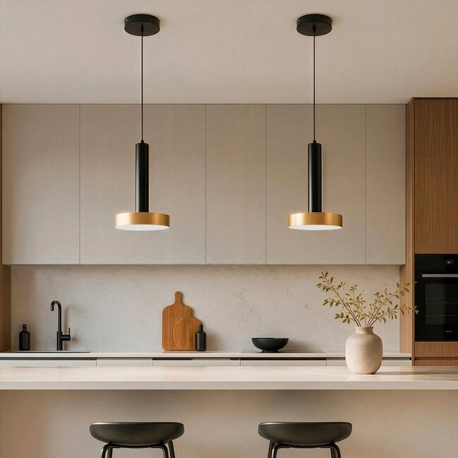 kelvo® ZANE KLV-101-0349 Κρεμαστό Φωτιστικό Οροφής LED 18W 1800lm 120° AC 220-240V IP20 Ρυθμιζόμενο Λευκό CCT με Χειριστήριο από 2700K έως 6000K Dimmable - Lumileds SMD Chip - Σατινέ Χρυσό Βούρτσας & Μαύρο Ματ - Μ15 x Π15 x Υ20cm - 3 Χρόνια Εγγύηση - 2