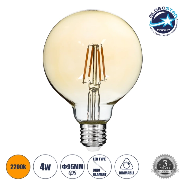 BUBBLE 99039 Λάμπα E27 G95 LED 4W 350lm 360° AC 220-240V IP20 Ultra Θερμό Λευκό 2200K Dimmable - Long Filament Chip - Μελί - Μ9.5 x Π9.5 x Υ13.7cm - 3 Χρόνια Εγγύηση BUBBLE 99039 Λάμπα E27 G95 LED 4W 350lm 360° AC 220-240V IP20 Ultra Θερμό Λευκό 2200K Dimmable - Long Filament Chip - Μελί - Μ9.5 x Π9.5 x Υ13.7cm - 3 Χρόνια Εγγύηση