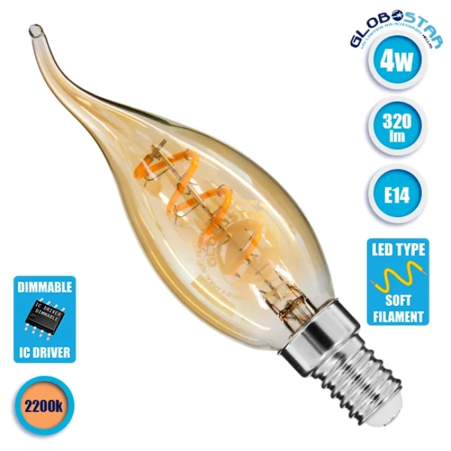 CANDLE 99134 Λάμπα Κεράκι E14 C35T LED 4W 360lm 360° AC 220-240V IP20 Ultra Θερμό Λευκό 2200K Dimmable - Spiral S Filament Chip - Μελί - Μ3.5 x Π3.5 x Υ12cm - 3 Χρόνια Εγγύηση CANDLE 99134 Λάμπα Κεράκι E14 C35T LED 4W 360lm 360° AC 220-240V IP20 Ultra Θερμό Λευκό 2200K Dimmable - Spiral S Filament Chip - Μελί - Μ3.5 x Π3.5 x Υ12cm - 3 Χρόνια Εγγύηση