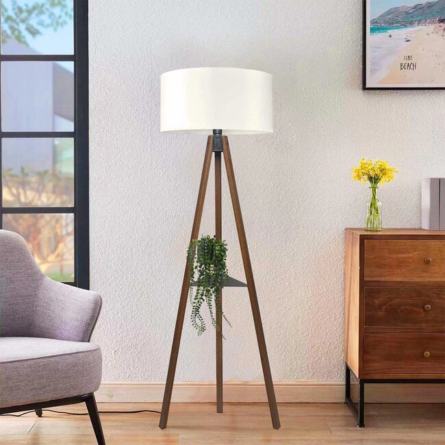 SHELF 204-0129 Μοντέρνο Eπιδαπέδιο Φωτιστικό Μονόφωτο 1 x E27 IP20 Καφέ Ξύλο με Μπεζ Ύφασμα - Μ38 x Π38 x Υ135cm - 3