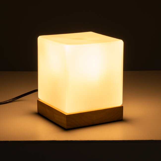 DERYA 02035 Μοντέρνο Επιτραπέζιο Φωτιστικό Μονόφωτο 1 x E27 AC220-240V IP20 - Μ12 x Π12 x Υ15cm - Μπεζ Ξύλινη Βάση με Λευκό Γαλακτερό Γυαλί - 5 Χρόνια Εγγύηση