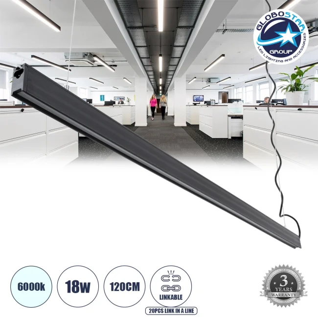 GloboStar® MARKET 61020-P Γραμμικό Κρεμαστό Φωτιστικό Linear LED 18W 2230lm 60° AC 220-240V Μ120 x Π2 x Υ4cm Ψυχρό Λευκό 6000K - Μαύρο - 3 Years
