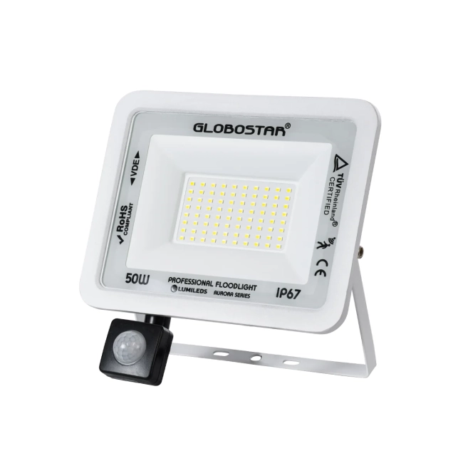  AURORA 61442 Προβολέας με Ανιχνευτή PIR / Αισθητήρα Κίνησης LED 50W 6250lm 120° AC 220-240V Αδιάβροχο IP67 Ψυχρό Λευκό 6000K - Lumileds SMD Chip - TÜV Rheinland Certified - Λευκό Ματ - Μ21 x Π5 x Υ21cm - 3 Χρόνια Εγγύηση