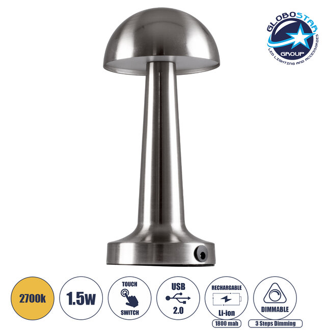 COCO 76510 Μοντέρνο Επιτραπέζιο Φωτιστικό Πορτατίφ LED 1.5W 105lm 120° DC 5V Επαναφορτιζόμενο με Μπαταρία Li-ion 1800mAh - Διακόπτη Αφής με 3 Εντάσεις Φωτισμού Θερμό Λευκό 2700K Dimmable - Φ10 x 22cm - Ασημί