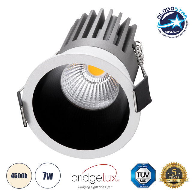 MICRO-B 60240 Χωνευτό LED Spot Downlight TrimLess Φ6cm 7W 910lm 38° AC 220-240V IP20 Φ6 x Υ7.8cm - Στρόγγυλο - Λευκό με Μαύρο Κάτοπτρο - Φυσικό Λευκό 4500K - Bridgelux COB - 5 Years Warranty